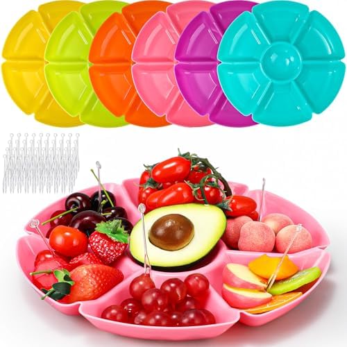 Zhehao 6 Pcs Plastic Divided Serving Trays with 60 Pcs Disposable Fork, 7 Compartments Round Chip Dip Plate, Petal Shape Platter, 10.6'' Snacks Serving Dish for Party Candy Nuts Fruits (Vibrant Color) by Zhehao