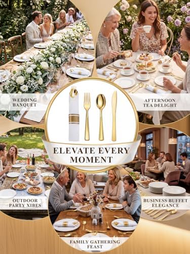 Supernal 30 Pack Pre Rolled Gold Plastic Silverware, Linen Feel Napkins - Image 6
