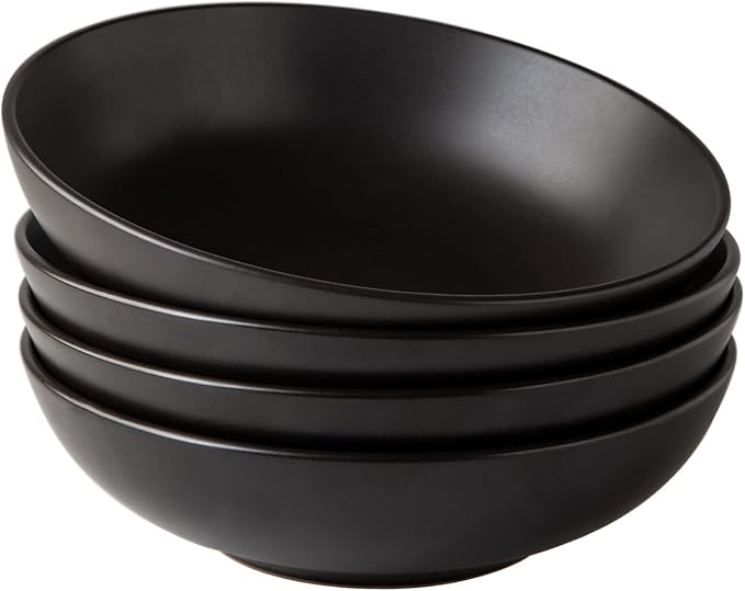 AmorArc 8.75‘’ Large Pasta Bowls, 42 ounce Deep Stoneware Bowls Set of 4 for Kitchen, Wide Bowl for Pasta/Salad/Fruit/Oatmeal/Soup, Microwave&Dishwasher Safe-Matte Black