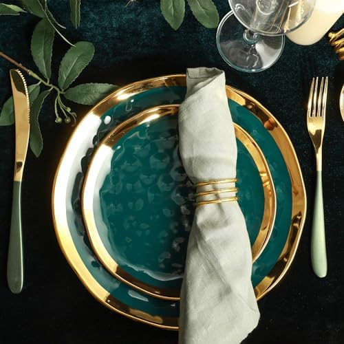 Stone Lain Florian Modern Porcelain 16 Piece Dinnerware Set, Plates and Bowls Set, Dish set for 4, Green and Golden Rim - Image 5