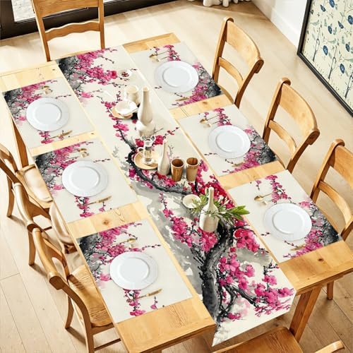ANNA QUEEN Floral Table Runner and Placemats Set of 6 – 13"x72" Table Runner & 12"x18" Placemats, Cherry Blossom Ink Style Elegant Zen Dining Decor by ANNAQUEEN