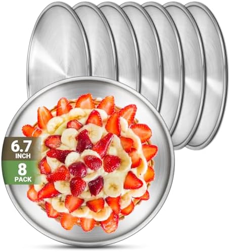 Stainless Steel Plates, 8 Set 6.7 inch 304(18/8) Metal Food Serving Plate, Reusable Snack Eating Dishes Round Shatterproof Plate Silver Dinnerware for BBQ Dinner Oven Dishwasher Safe by Offiper