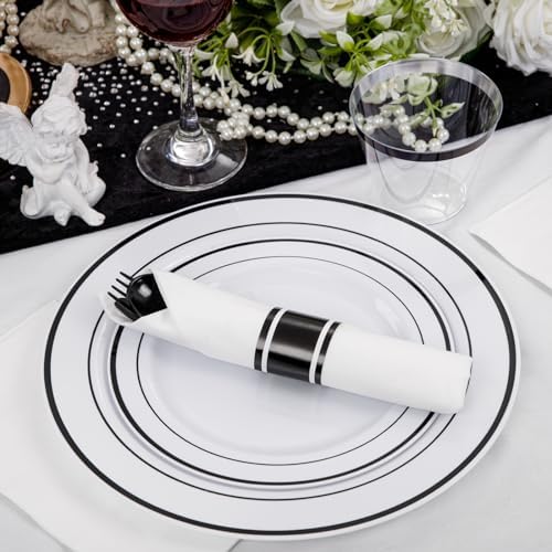 WELLIFE 350Pcs Black Plastic Dinnerware with Pre Rolled Napkins, Include:50 Dinner Plates, 50 Dessert Plates, 50 Paper Napkins, 50 Cups, 150 Plastic Cutlery - Image 7