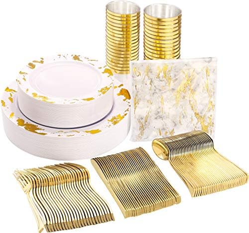 Nervure 175PCS Gold Plastic Plates with Marble Printing & Gold Plastic Silverware:50 Plates, 25 Forks, 25 Knives, 25 Spoons, 25 Cups, 25 Napkins for Thanksgiving & Wedding by Nervure