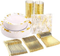 Nervure 175PCS Gold Plastic Plates with Marble Printing & Gold Plastic Silverware:50 Plates, 25 Forks, 25 Knives, 25 Spoons, 25 Cups, 25 Napkins for Thanksgiving & Wedding by Nervure