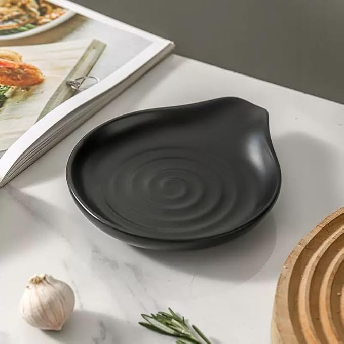 6-Inch Ceramic Spoon Rest - Heat Resistant, Non-Slip for Kitchen Utensils, Spoon Holder Stovetop, Dishwasher Safe - Elegant Spiral Design Black, Housewarming Gift