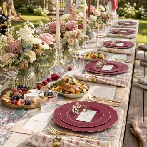 Liacere 150Pcs Burgundy Red Plastic Plates-Red Gold Disposable Plates-Red and Gold Rim Disposable Plastic Dinnerware 50Plates,25Pack Silverware and 25Cups for Wedding/Party/Halloween/Christmas - Image 4