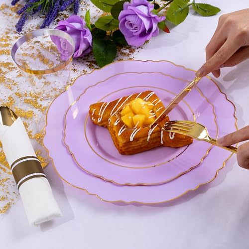 Liacere 175PCS Purple Plastic Plates-Disposable Lavender Plates 25guest Baroque Plastic Dinnerware include 50Plates, 25Pack Pre Rolled Napkins with Silverware 25Cups for Party & Wedding & Baby Shower - Image 6