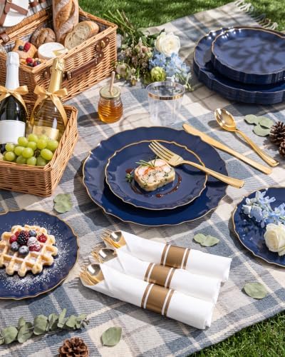bUCLA 175PCS Navy Blue Plastic Plates - 25 Guests Gold Rim for Party - Image 7
