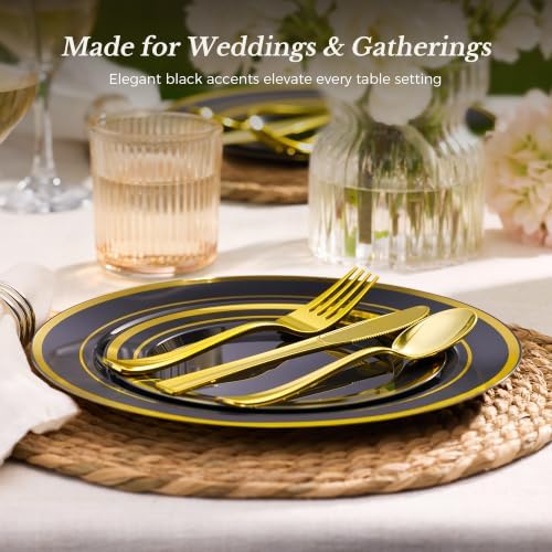 Goodluck 250 PCS Black Plastic Plates with Gold Rim＆Cutlery Set (50 Guests) - Image 4
