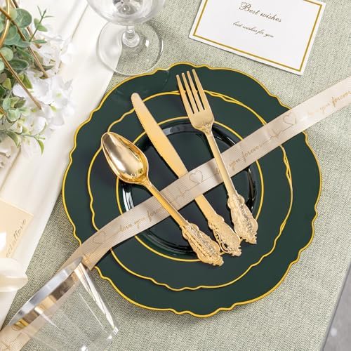 Liacere 175PCS Green Plastic Plates - Emerald Green Disposable With Gold Rim - 25Guest Baroque Plastic Dinnerware include 50Plates-25Pcs Pre Rolled Napkins with Silverware 25Cups for Party & Wedding - Image 3