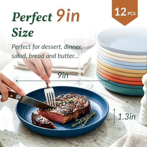 Homienly Wheat Straw Deep Plates 12 PCS Unbreakable Salad Plates Microwave & Dishwasher Safe Plastic Plates Reusable Stackable Bread & Butter Plates Sets for Kitchen, Camping, Party (9inch,Multi) - Image 2