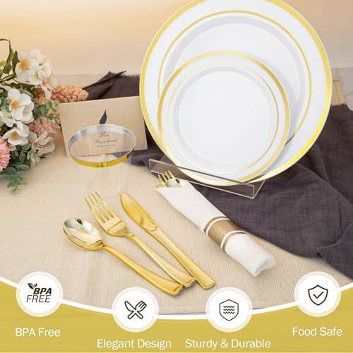 N9R 350PCS White and Gold Plastic Plates, Disposable Dinnerware Set - Image 3