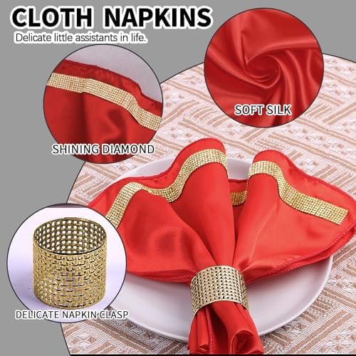 VIJIV 12 Pack Cloth Napkins and Gold Napkin Rings Set of 6, 17x17 Bling Trim Satin Cocktail Napkins Cloth Washable Personalized Dinner Napkins for Wedding Party Holiday Decorative - Image 2