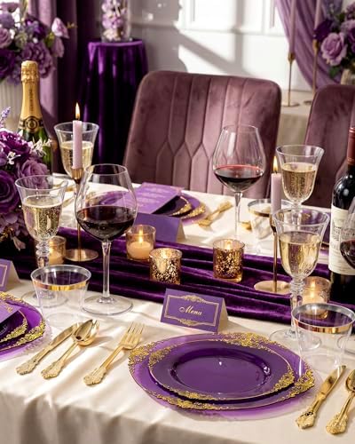 Nervure 175Pcs Clear Purple Plastic Plates, Dinnerware Set for 25 Guests - Image 5