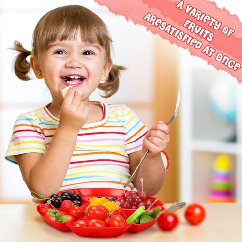 Zhehao 6 Pcs Plastic Divided Serving Trays with 60 Pcs Disposable Fork, 7 Compartments Round Chip Dip Plate, Petal Shape Platter, 10.6'' Snacks Serving Dish for Party Candy Nuts Fruits (Red) - Image 5