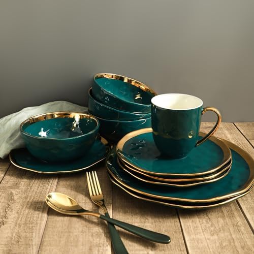 Stone Lain Florian Modern Porcelain 16 Piece Dinnerware Set, Plates and Bowls Set, Dish set for 4, Green and Golden Rim - Image 6