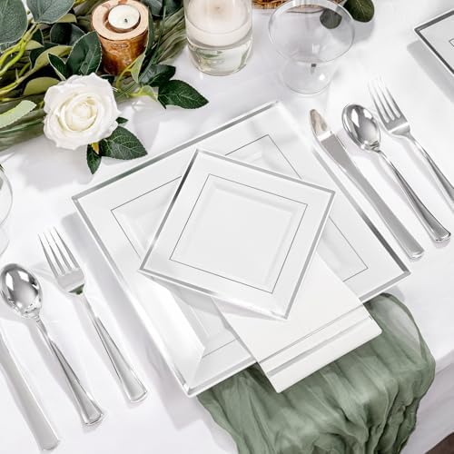 Festiva 350Pcs Silver Plates - Silver Square Plastic Plates 9 .5" and 6" - serve for 50 guests include 50 Cups 50Plastic Cutlery 50Hand Napkins Perfect for Party&Wedding&Birthday - Image 3