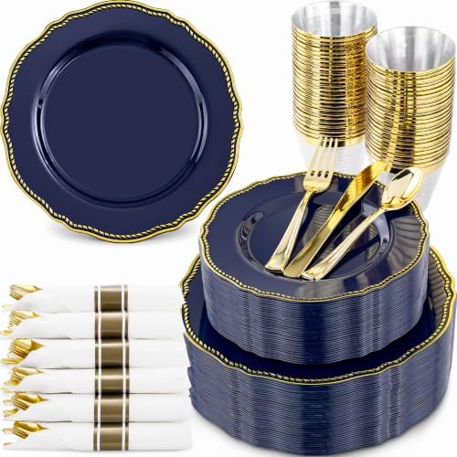 Hioasis 350 Pcs Blue and Gold Plastic Plates for Wedding & Party by Hioasis