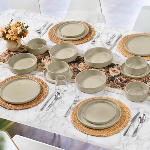 Herogo 24 Piece Dinnerware Sets with Double Bowls, Stoneware Plate and Bowls Set for 6, Ceramic Dinner Dishware for Kitchen Dining, Microwave & Dishwasher Safe, Speckled Khaki - Image 7