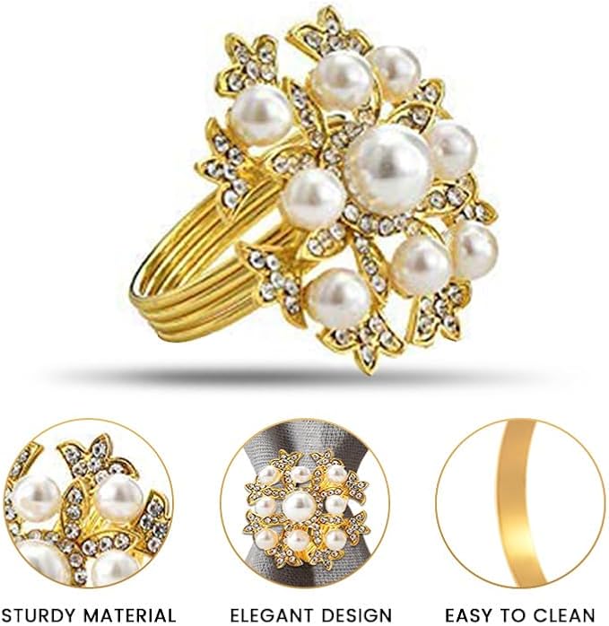 Decozen Set of 12 Gold Napkin Rings with Pearl Design, Festive, Table Decor Setting for Holiday, Wedding, Birthday, Kitchen, Home Decor, Housewarming Gift - Thanksgiving & Christmas Gift Decoration