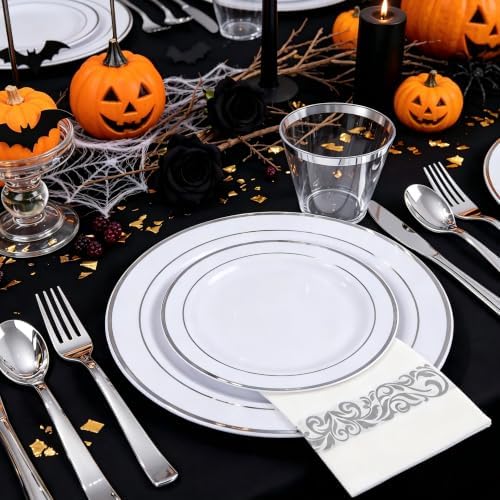 WELLIFE 700 Pieces Silver Plastic Dinnerware Set for 100 Guests - Includes Plates, Cups, Napkins, and Disposable Cutlery - Elegant White & Silver Design, Perfect for Parties and Events - Image 4