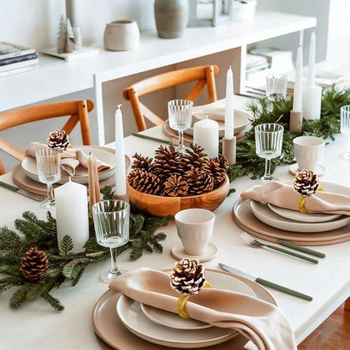 Christmas Napkin Rings Set of 8, Snow Pinecone Rings with Gold Rabbin Buckle Rustic Napkin Rings for Christmas Thanksgiving Holiday Table Dinner Celebration - Image 6