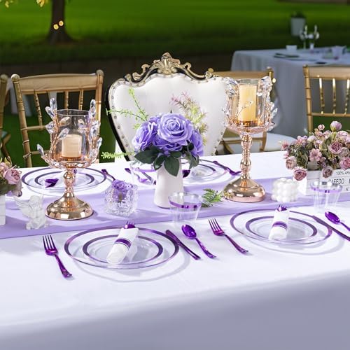 I00000 350Pcs Clear Purple Plastic Plates Dinnerware Set for 50 Guests - Image 2