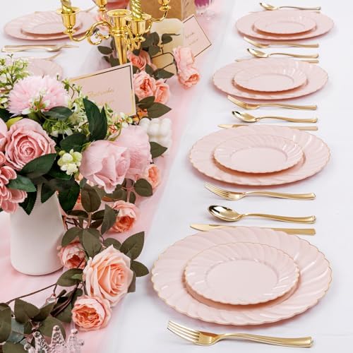 YOUBET 125PCS Pink Plastic Plates with Gold Rim for Wedding Birthday Party - Image 6