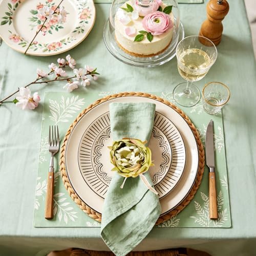 Handcraft Green Flower Napkin Rings Set of 8, Peony Napkin Holder Floral Rings With Jute Bow Buckles for Summer, Wedding, Banquet, Birthday, Christmas, Valentine's, Thanksgiving Table Decoration - Image 4