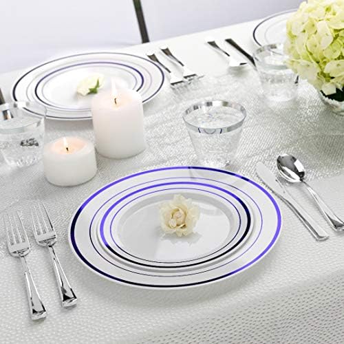 125-Piece White and Blue Fancy Plastic Plates Disposable with Silverware, Elegant Dinnerware for Weddings, Holiday Party China, Set of 25 Dinner + Salad Plates, 25 Spoons, 25 Forks, 25 Knives - Image 2