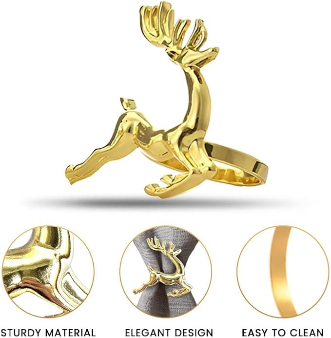 Decozen Set of 8 Gold Napkin Rings in Stag Design Festive Table Decor Setting for Holiday Wedding, Birthday, Kitchen, Home Decor Housewarming Gift - Thanksgiving & Christmas Gift Decoration