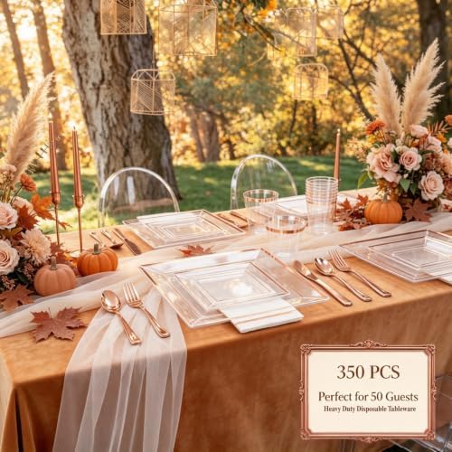 Festiva 350Pcs Rose Gold Plastic Plates - Clear Rose Gold Disposable Dinnerware Sets for 50Guests include 100 Plates 50 Cups 50Plastic Cutlery 50Napkins for Fall Party&Wedding& Bridal Shower - Image 4