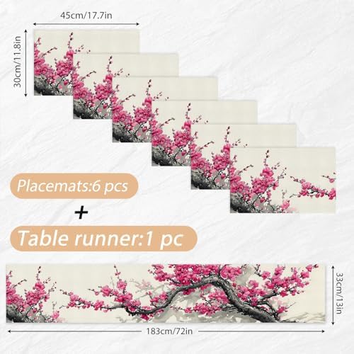 ANNA QUEEN Floral Table Runner and Placemats Set of 6 – 13"x72" Table Runner & 12"x18" Placemats, Cherry Blossom Ink Style Elegant Zen Dining Decor - Image 2
