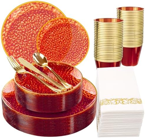 Rubtlamp 175 Pcs Plastic Dinnerware Set (25 Guests), Red And Gold Plastic Plates, Hammered Party Plates Set Include Dinner Plates, Dessert Plates, Cups, Cutlery Set And Napkins for Wedding And Party by Rubtlamp