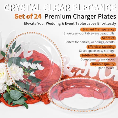 24 Pack Clear Charger Plates Bulk Wedding, 13 Inch Plastic Round Dinner Chargers with Orange Beaded Rim, Acrylic Round Decorative Plates for Wedding Party Home and Tabletop Decor (Orange) - Image 6