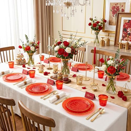 Rubtlamp 700Pcs Red Gold Plastic Dinnerware Set, Hammered Red Gold Plates, Fancy Plastic Plates Include 100 Dinner Platos, 100 Salad Platos, 100 Cups,100 Pack Pre Rolled gold plastic Silverware - Image 4