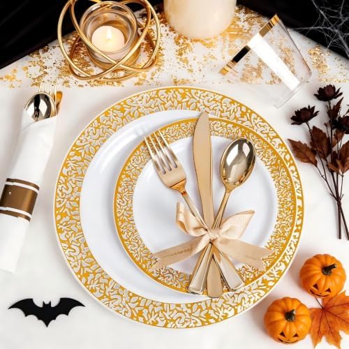 WELLIFE 100 Guests Dinnerware Sets, Gold Plastic Plates, Platos Para Fiestas Elegantes Desechables Include:100 Dinner Plates,100 Dessert Plate,400 Pcs Gold Plastic Silverware, 100 Cups for Party - Image 4