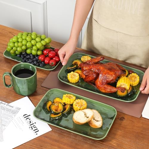 vicrays Ceramic Rectangle Serving Platters - 14" 12" 10" Porcelain Serving Trays Plates for Party BBQ Appetizers Sushi Dessert - Microwave Oven and Dishwasher Safe - Set of 3 Green - Image 3