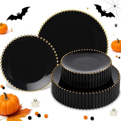HOMIP 50PCS Disposable Black Plastic Plates with Gold Pearl-Beaded Rim by HOMIP