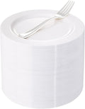 WELLIFE 100 Pieces White Plastic Dessert Plates with 100pcs Silver Disposable Forks, Premium Hard Salad Plate 7.5”, Appetizer Plastic Plates for Wedding, Party