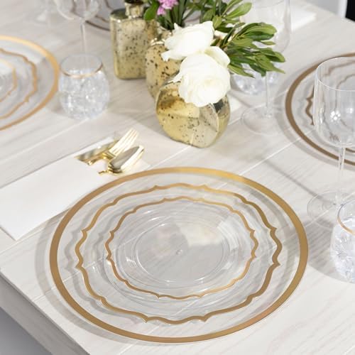 PLASTICPRO 64 Pack Elegant Disposable Plastic Plates Combo Set Includes 32 Dinner Plates and 32 Salad Plates Heavy Duty Fancy Party Plates Clear & Gold Contemporary Design - Image 3