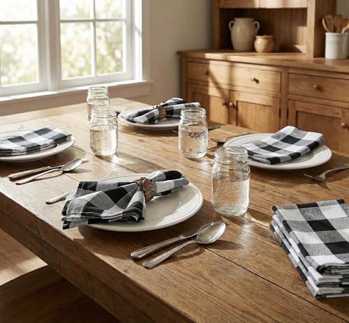 The Beer Valley Set of 12 Checked Cloth Napkins 16x16 Inch - Black White - Image 7