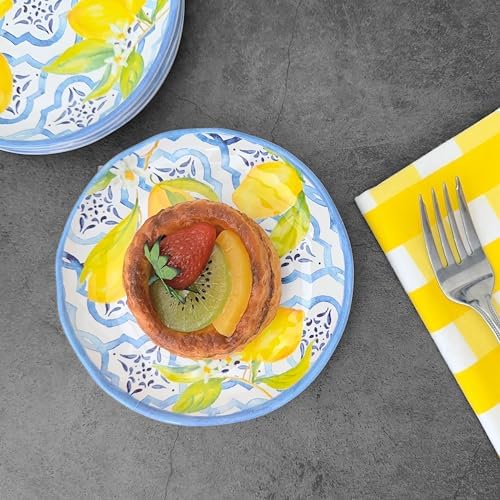 UP Lovely Lemons Melamine Round Dessert Plates, Small Serving Plates, for Appetizer, Snacks, and Side Dishes, Blue and Yellow, 6 Inch, Set of 4 - Image 5