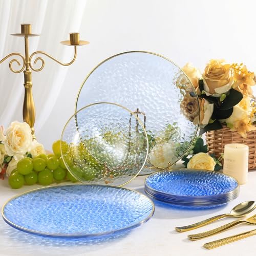 realluck 50Pcs Clear Blue Plastic Plates with Gold Rim - Image 2