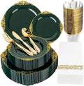 Morejoy 175PCS Green Plastic Plates - Green Gold Plastic Dinnerware Sets by Morejoy