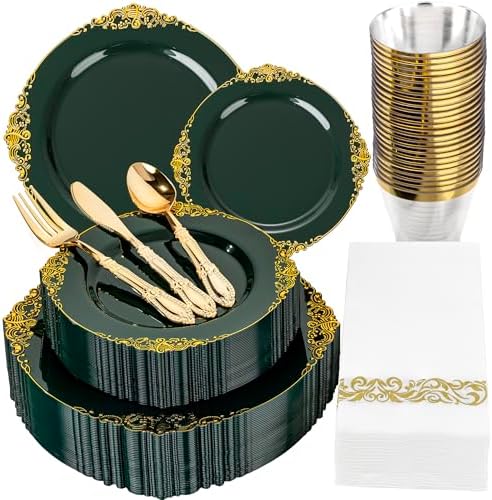 Morejoy 175PCS Green Plastic Plates - Green Gold Plastic Dinnerware Sets by Morejoy