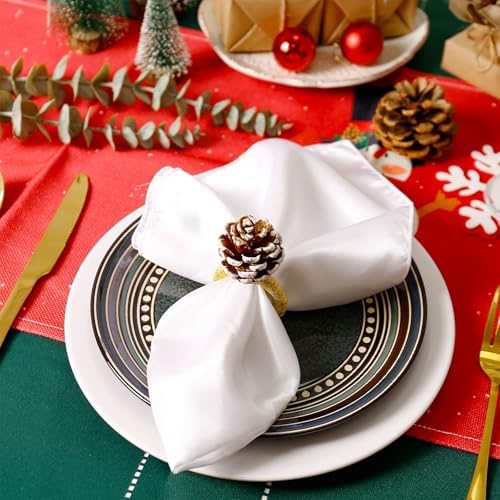 Christmas Napkin Rings Set of 8, Snow Pinecone Rings with Gold Rabbin Buckle Rustic Napkin Rings for Christmas Thanksgiving Holiday Table Dinner Celebration - Image 4
