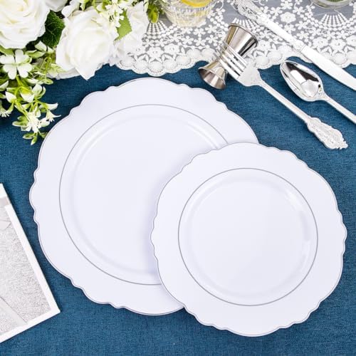 Liacere 175pcs Silver Plastic Plates - White and Silver Disposable - 25guest Baroque Plastic Dinnerware include 50Plates, 25Pack Pre Rolled Napkins with Silverware 25Cups for Wedding&Party&Easter Day - Image 5