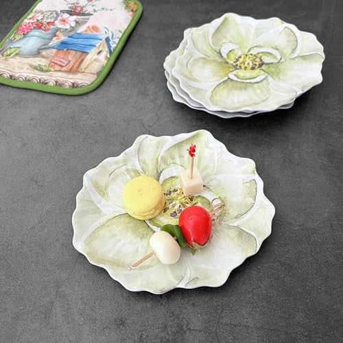 UP Magnolia Melamine Dessert Plates, Floral-Shaped Small Serving Plates, for Appetizer, Snacks, and Side Dishes, Green, 7.5 x 7 Inch, Set of 4 - Image 5